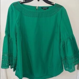 Ralph Lauren Kelly green top with bell sleeves! Size XL, no stretch.